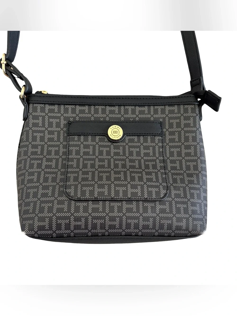 Tommy Hilfiger Branded Black Monogram Crossbody Bag with Gold Hardware